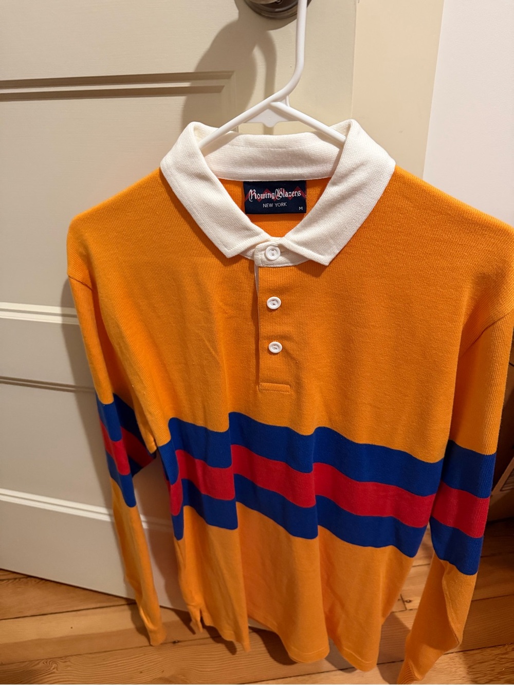 Rowing Blazers Orange Long-Sleeve Polo with Blue and Red Stripes